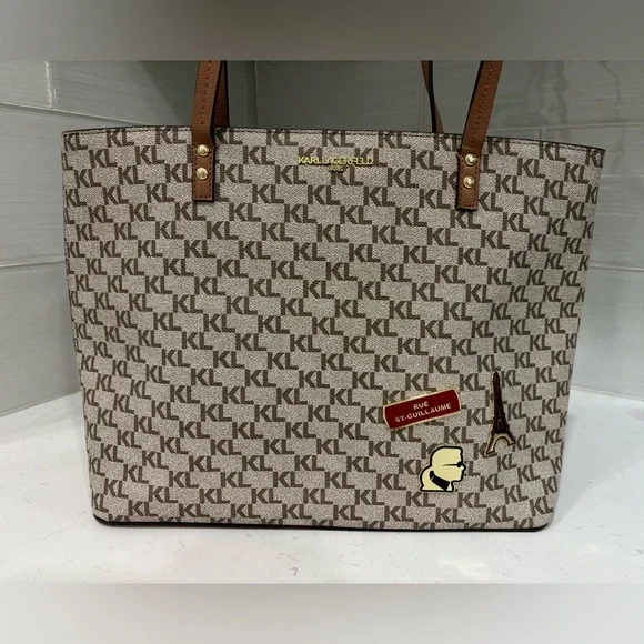 Karl Lagerfeld Paris Monogram Tote Bag Brown Logo Canvas Shoulder Bag w/ Charms - Picture 2 of 12
